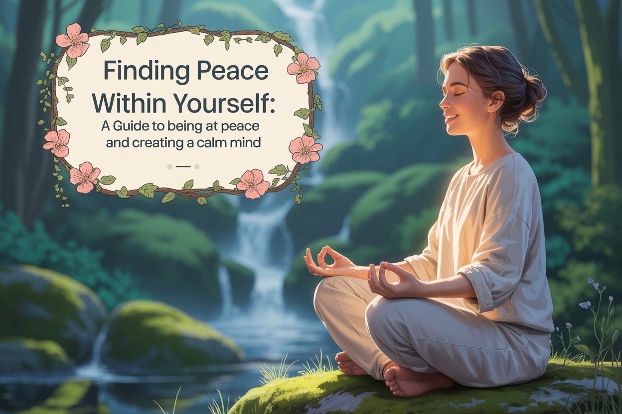 A peaceful scene of a woman meditating near a waterfall, symbolizing inner tranquility and mindfulness, with a beautiful floral border and the title "Finding Peace Within Yourself.
